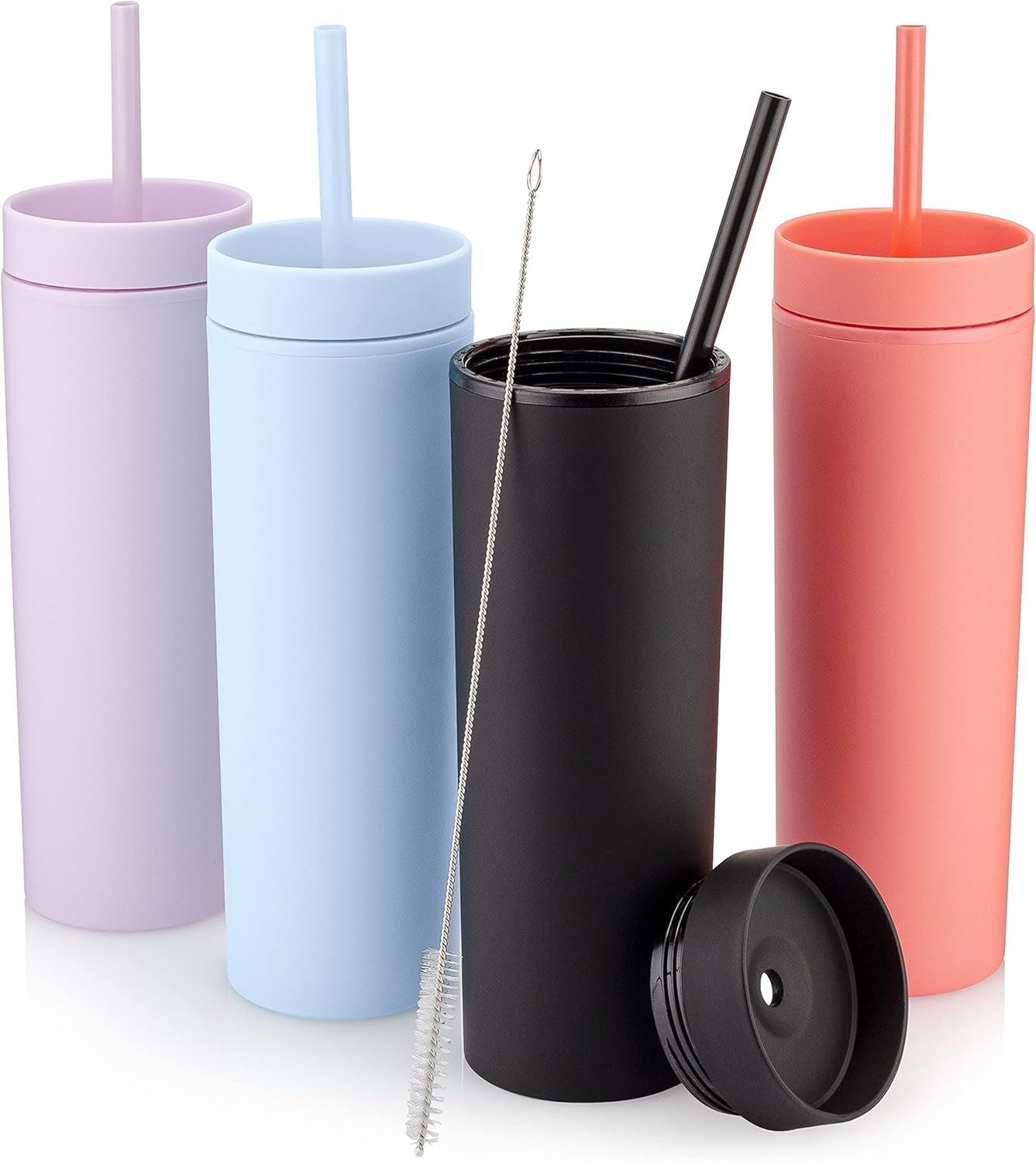 Multicolor Skinny Tumblers with Lids and Straws (4 Pack) - 16Oz Matte Pastel Colored Acrylic Tumblers with Lids and Straws, Double Wall Tumblers Bulk, Reusable Cup with Straw Cleaner
