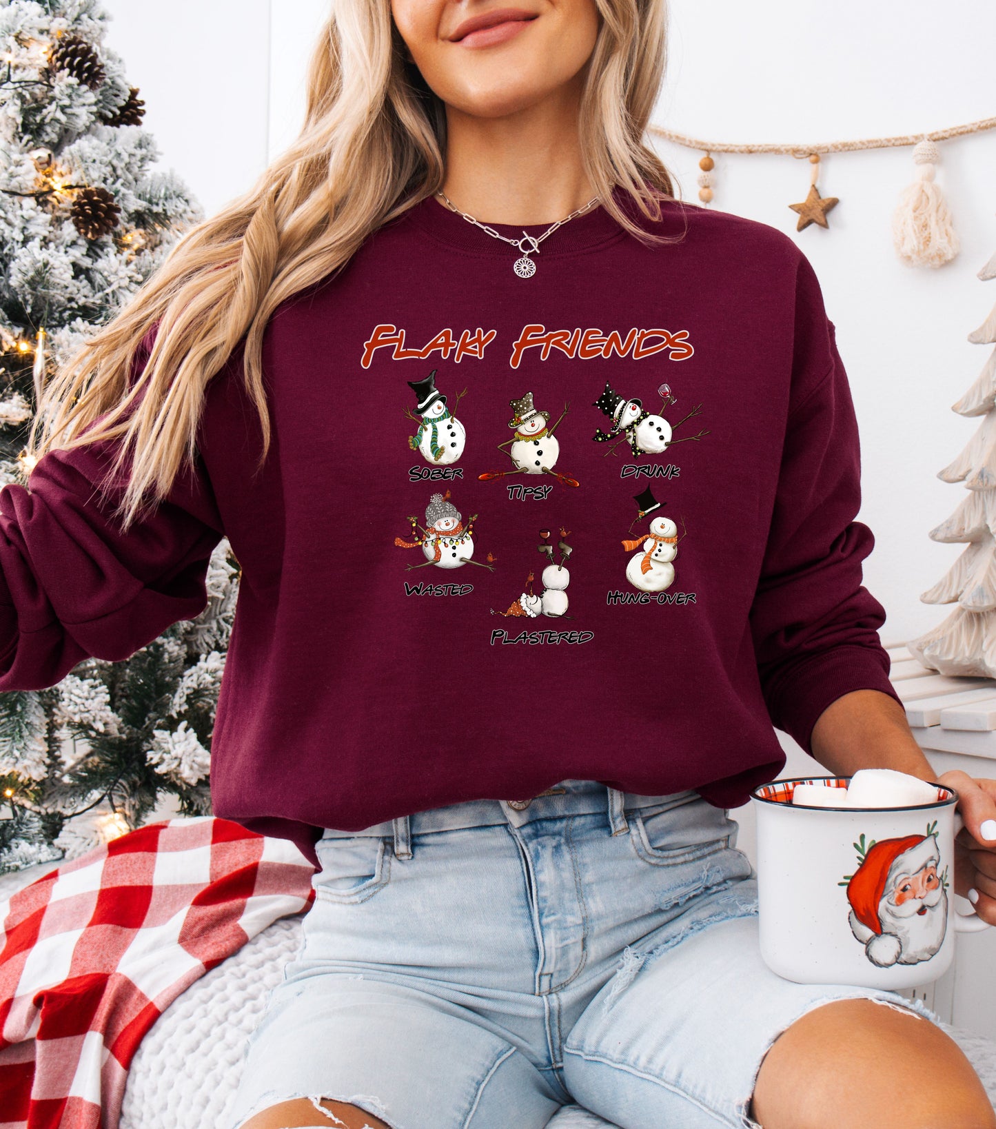 Flaky Friends Drinking Snowman Crewneck Sweatshirt | Drunk Hungover Winter Humor- snowman sweatshirt-Christmas Party- Holiday Shirt- Best friend Gift=Bachelorette Party