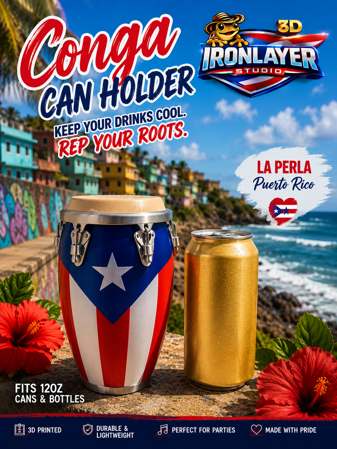 3D Puerto Rico Conga Can Holder 12 oz.