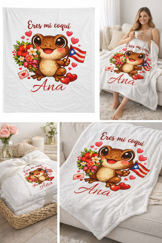 Eres mi coquí frog with Puerto Rico flag Velveteen Plush Blanket | Personalized name